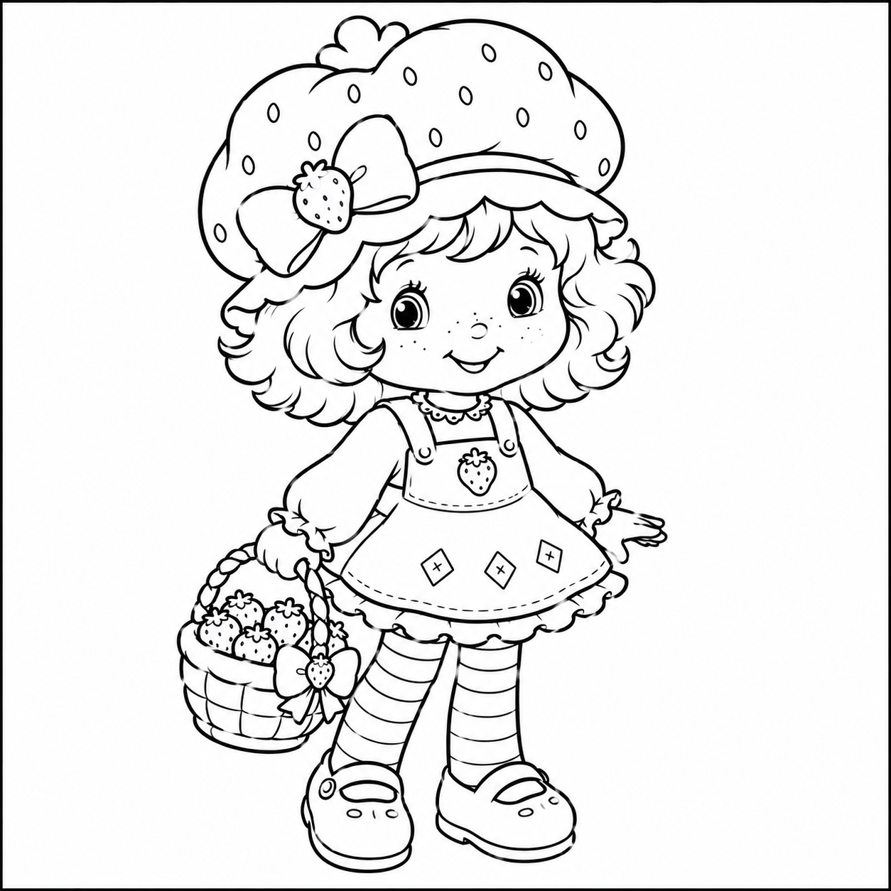 Classic Strawberry Shortcake Portrait coloring page in signature strawberry hat and pinafore dress